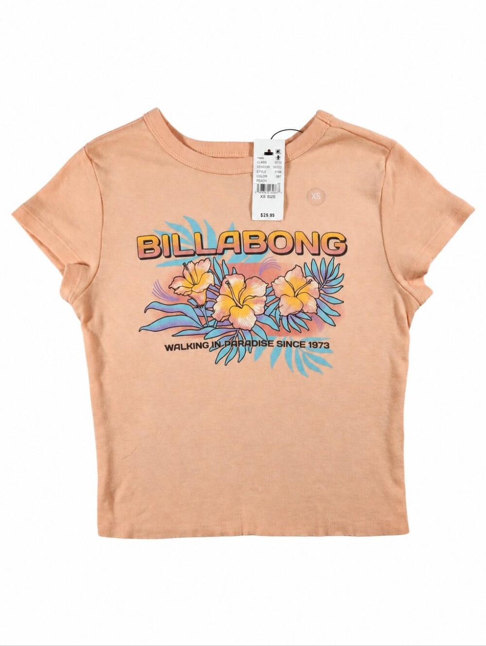Billabong When The Night T-Shirt XS Peach Floral Baby Tee Crop NWT